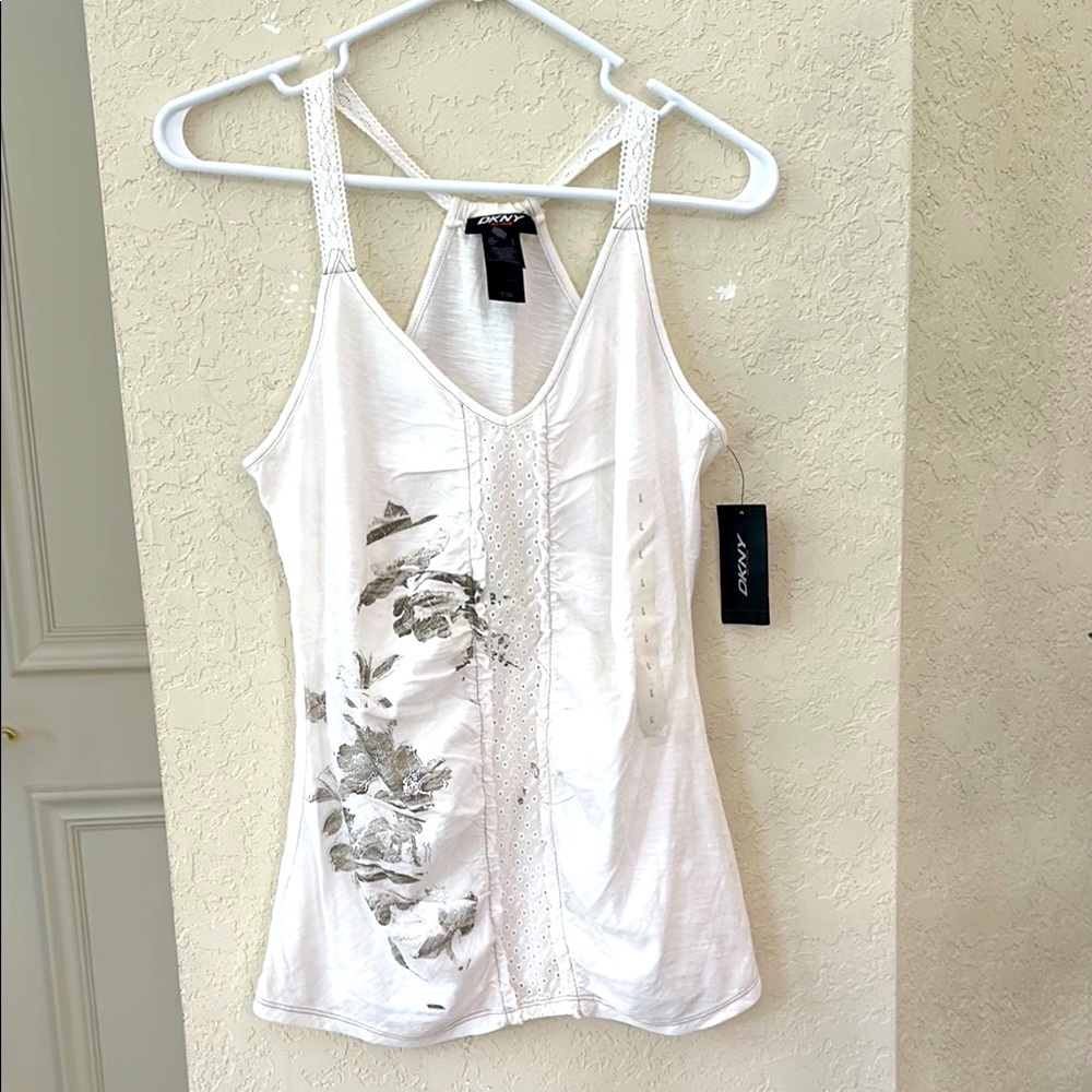 DKNY Embellished White and Gray Fitted Camisole
